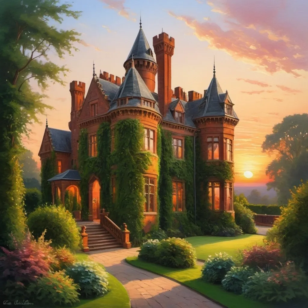 Prompt: victorian crenellated hall castle, romantic, made of brcks, garden, bushes, trees, sunset, painting