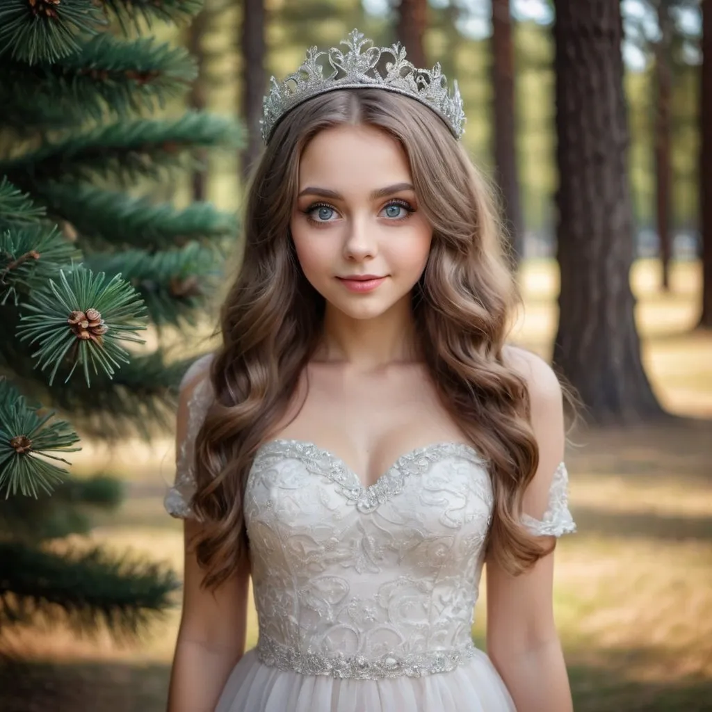 Prompt: relistic beautiful girl with long flowing waves of hair, big eyes, diadem on head, slightly smiling, wonderful dress, standing on a park in front of a pine tree