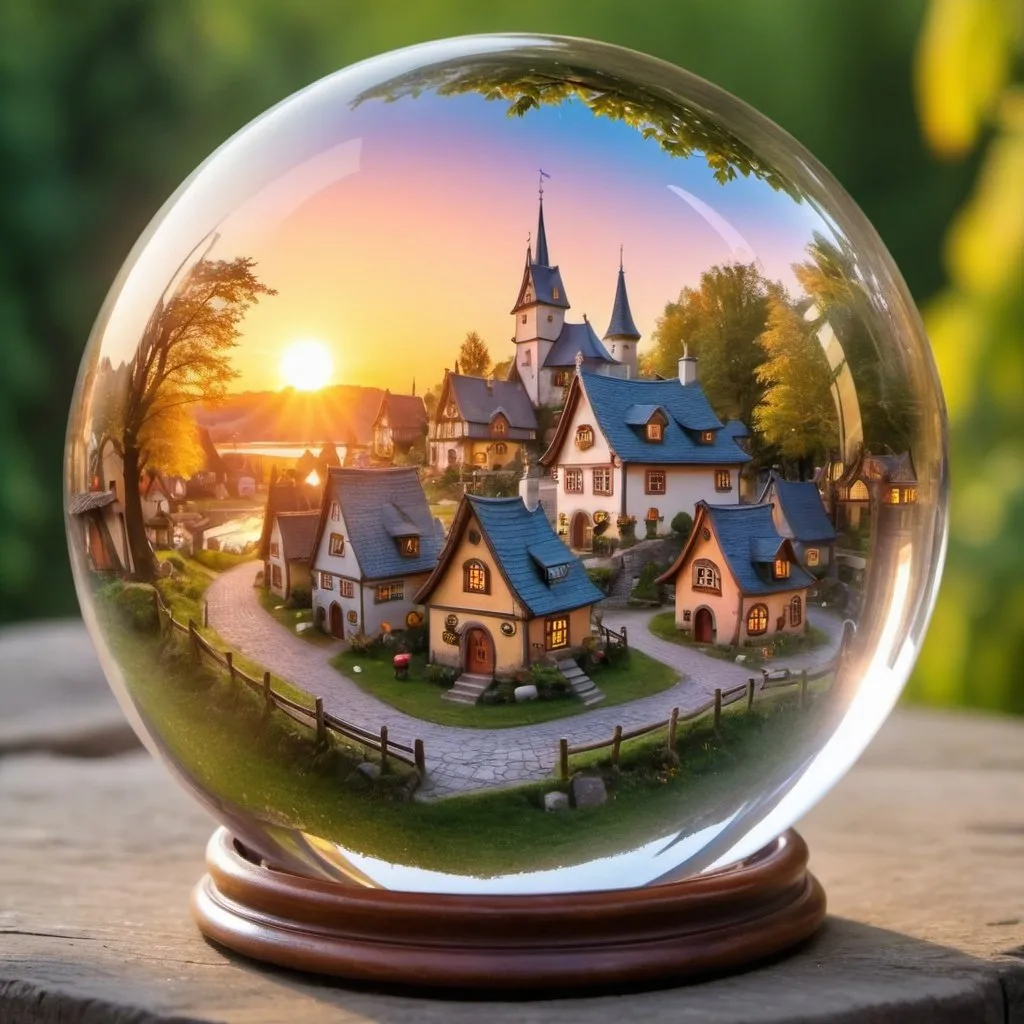 Prompt: lovely fairy tale village in a crystal ball, setting sun