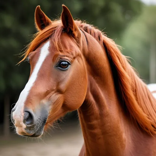 Prompt: horse head of arabian horse, big black eyes with long eyelashes, redish colour, red mane, thin white fleck in the middle of the head, mane fluttering