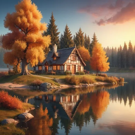 Prompt: fairy tale cottage on the bank of calm lake, autumn, spruces, pines, oaks, willows, sunset