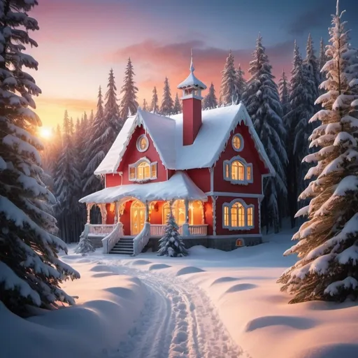 Prompt: fairytale like santa house with shining windows, in a snowy landscape, spruces, pines, firs, a path through the forest, sunset, crisp colours