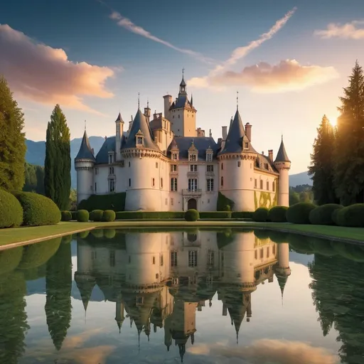 Prompt: renaissance castle in the middle of the lake, french garden around the castle, reflection in the water, in the background a mountain covered with forest, sunset