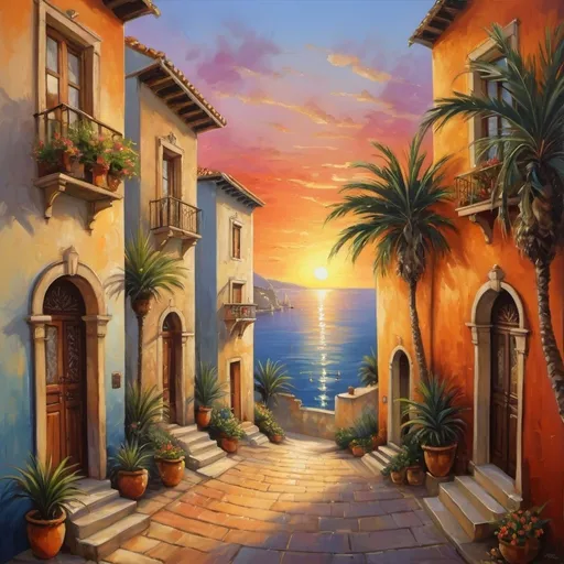 Prompt: mediteran romantic long lane between many ornamented small houses, delving to the see level, painting, sunset, palms