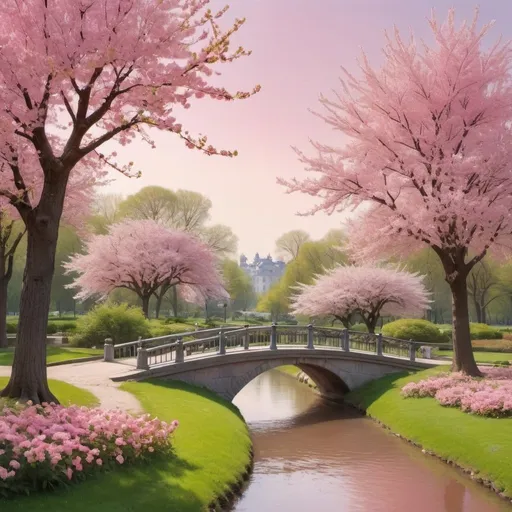 Prompt: park with brooks, bridges, lovely flowers and blossoming trees, pinkish sky, sunny