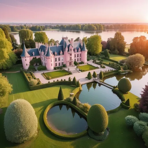 Prompt: aerial view of lovely castle in a large french garden with large lake and swans on the lake, sunset, pinkish shade of sky