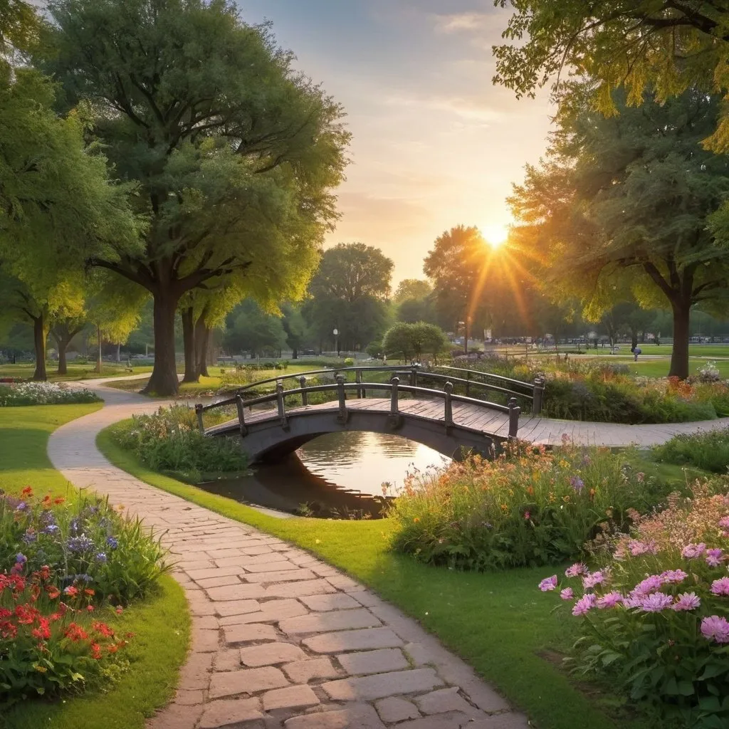 Prompt: lovely park with brooks, several small bridges, thin paths, lovely flowers, sunset