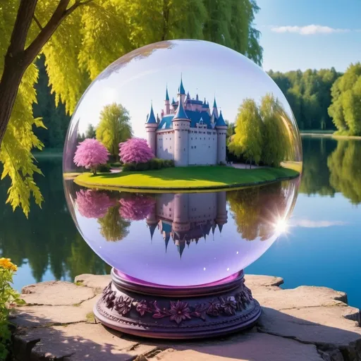 Prompt: big crystal ball, inside is a fairy tale castle on the bank of a beautiful romantic lake, like small world, trees, bushes, flowers, blue sky, sun is shining, shades of yellow, pink, purple, violet