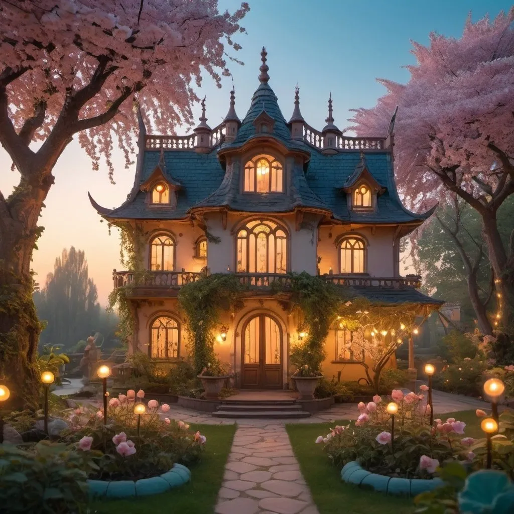 Prompt: fairy villa in a garden, blossoming trees and plants, dusk, shining windows