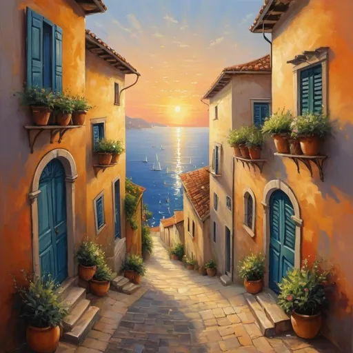 Prompt: mediteran romantic long lane between many ornamented small houses, delving to the see level, paintitng, sunrise