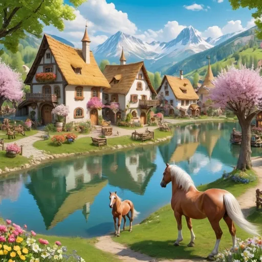 Prompt: fairy tale village, lovely lake, drinking horses, spring with flowers
