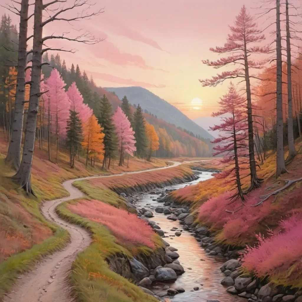 Prompt: brook is winding through valley, there is a trail along the bank, tree with autumn leaves, some pines, setting sun, (pinkish sky)