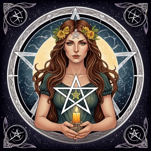 Prompt: Ace of Pentacle tarot card desing. with gaia goddess. this desing have a only one  pentacle. 