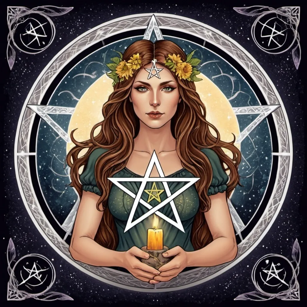 Prompt: Ace of Pentacle tarot card desing. with gaia goddess. this desing have a only one  pentacle. 