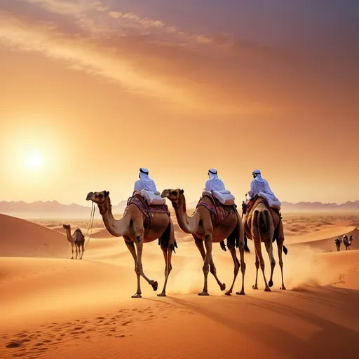 Prompt: Camels walking in desert at sunset, Arabian desert scenery, people walking alongside camels, warm and vibrant colors, high quality, realism, Arabian desert, sunset, camels, people, desert scenery, warm tones, realistic lighting
