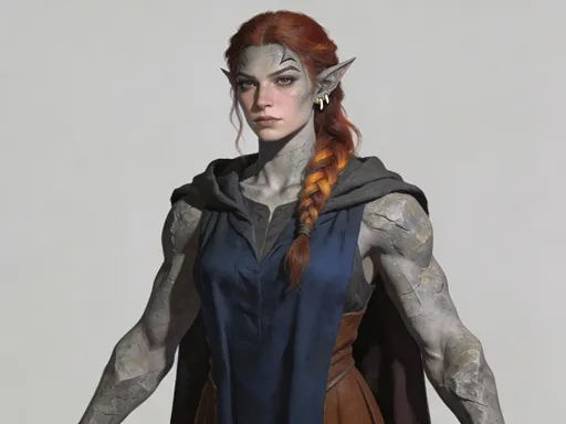 Prompt: A young adult female half-orc wizard scholar with a tall, solid frame — broad shoulders, long limbs, and strong bone structure. She is lean but sturdy, not delicate or petite, with a physical presence that feels intimidating without being bulky or muscular.

Her skin tone is stone gray — cool slate-gray with neutral undertones, like weathered granite or ash.
No green, no olive, no emerald hues.

Her hair is auburn — deep reddish-brown with warm copper highlights.
Not gray, not silver, not white.
Worn long and practical, loosely tied or braided.

Her orcish features are clearly visible: pointed ears, a pronounced brow ridge, and short, visible tusks. Her face is intelligent and serious, with understated beauty — strong features softened by calm focus rather than softness or delicacy.

She wears simple wizard robes in charcoal, deep blue, or muted brown. Functional, scholar’s clothing. No armor. No jewelry. No glamour.

Her posture is upright and grounded, conveying confidence and authority — the presence of someone who commands a room through knowledge, not charm.

Painterly fantasy realism, realistic anatomy, high detail, neutral lighting, character-focused composition, minimal background.
