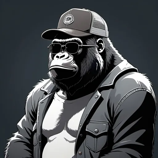 Prompt: 2d studio ghibli anime style, a gorilla wearing dark sunglasses and a trucker hat, anime scene, undefine background