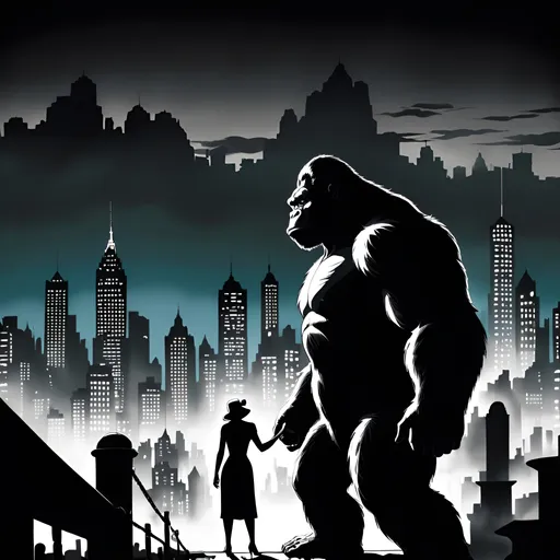 Prompt: dim, night film noir photography, kingkong, 1950s, big city background,  shadows, distant shot