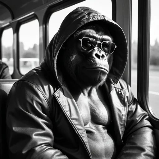 Prompt: Photo a gorilla wearing dark sunglasses and hooded jacket, sitting on a bus, dramatic in the style of Dirk Braeckman, B&W