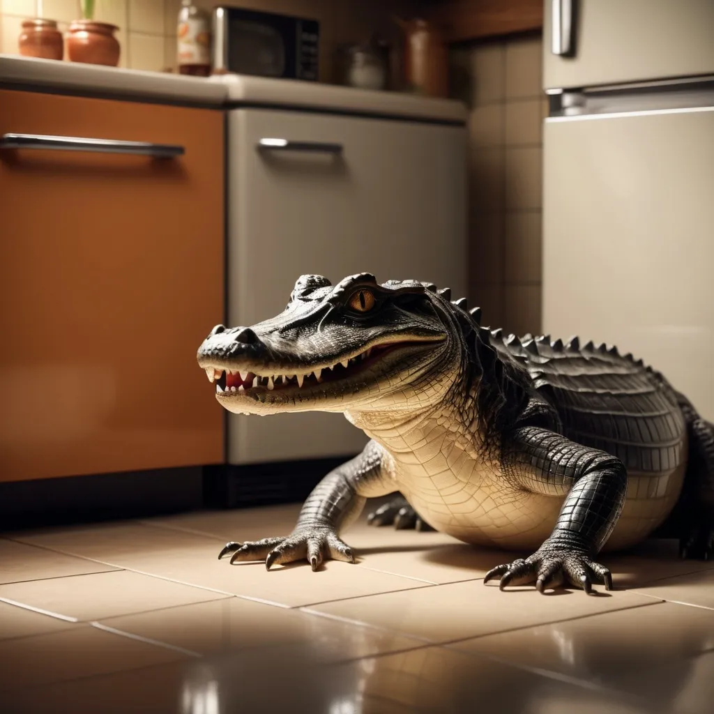 Prompt: An alligator sits in from of a fridge
