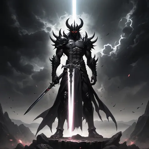 Prompt: Almighty black sword with a dark aura around it near a demon god