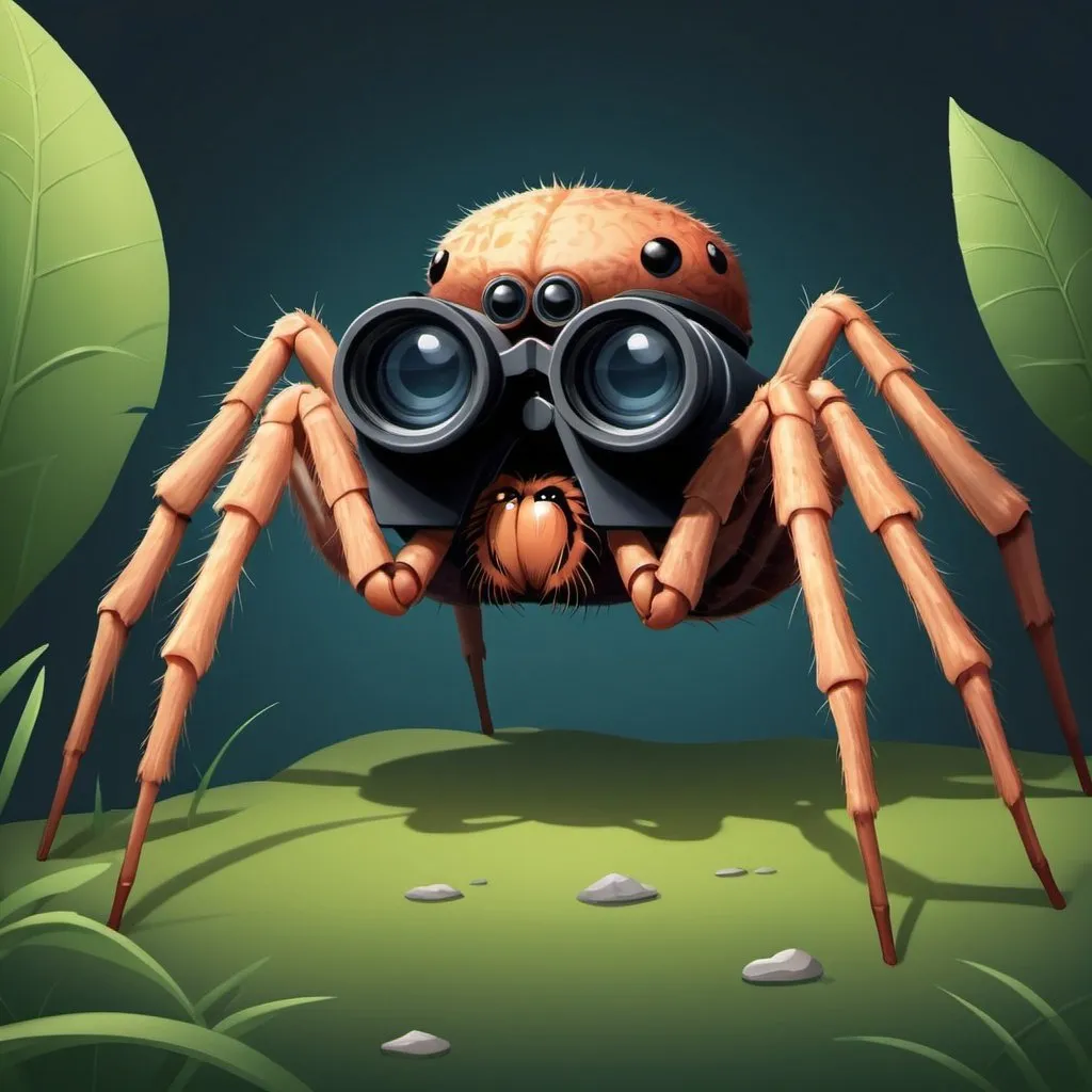 Prompt: Create an illustration of a spider using one of its legs to hold binoculars while peering through them.