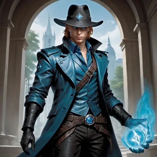 Prompt: Magic The Gathering Jace planeswalker, depicted as a private eye investigator