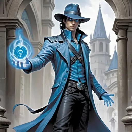 Prompt: Magic The Gathering Jace planeswalker, depicted as a private eye investigator.

Predominantly blue color with slightly green hue. In the style of the Murders at Karlov Manner set. Standing in the archway of a city. Wearing a detective fedora. Dark haired. Blue glowing eyes