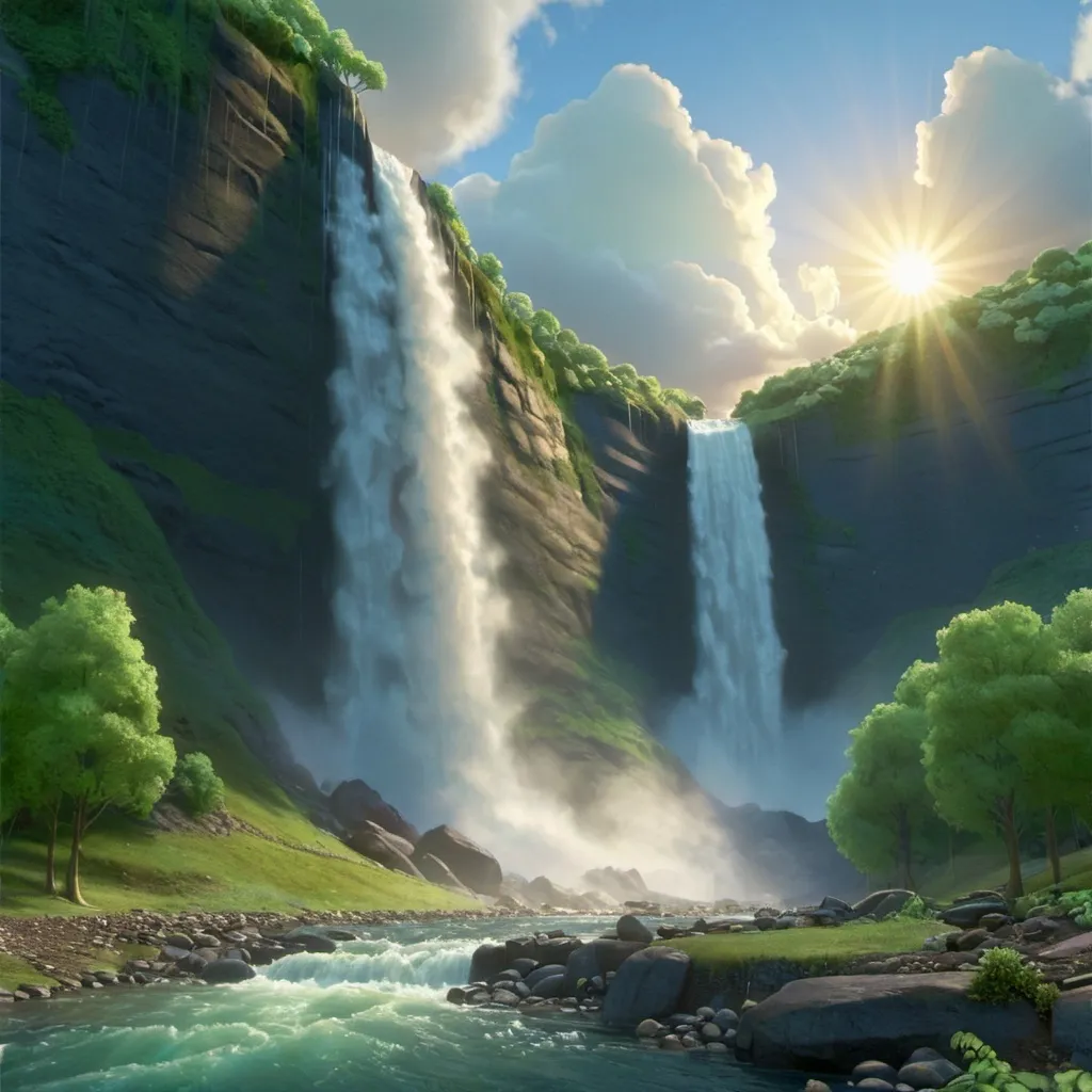 Prompt: a waterfall with a mountain in the background and the sun shining through the clouds above it and a forest below, Arthur Quartley, naturalism, very beautiful scenery, a detailed matte painting