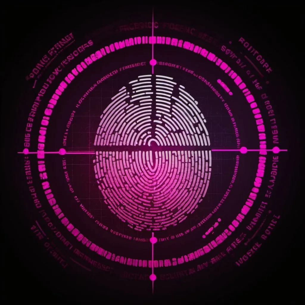 Prompt: cyber security dark background with magenta colored digital forensic fingerprint inside of crosshair next with "Digital Forensics & Incident Response"