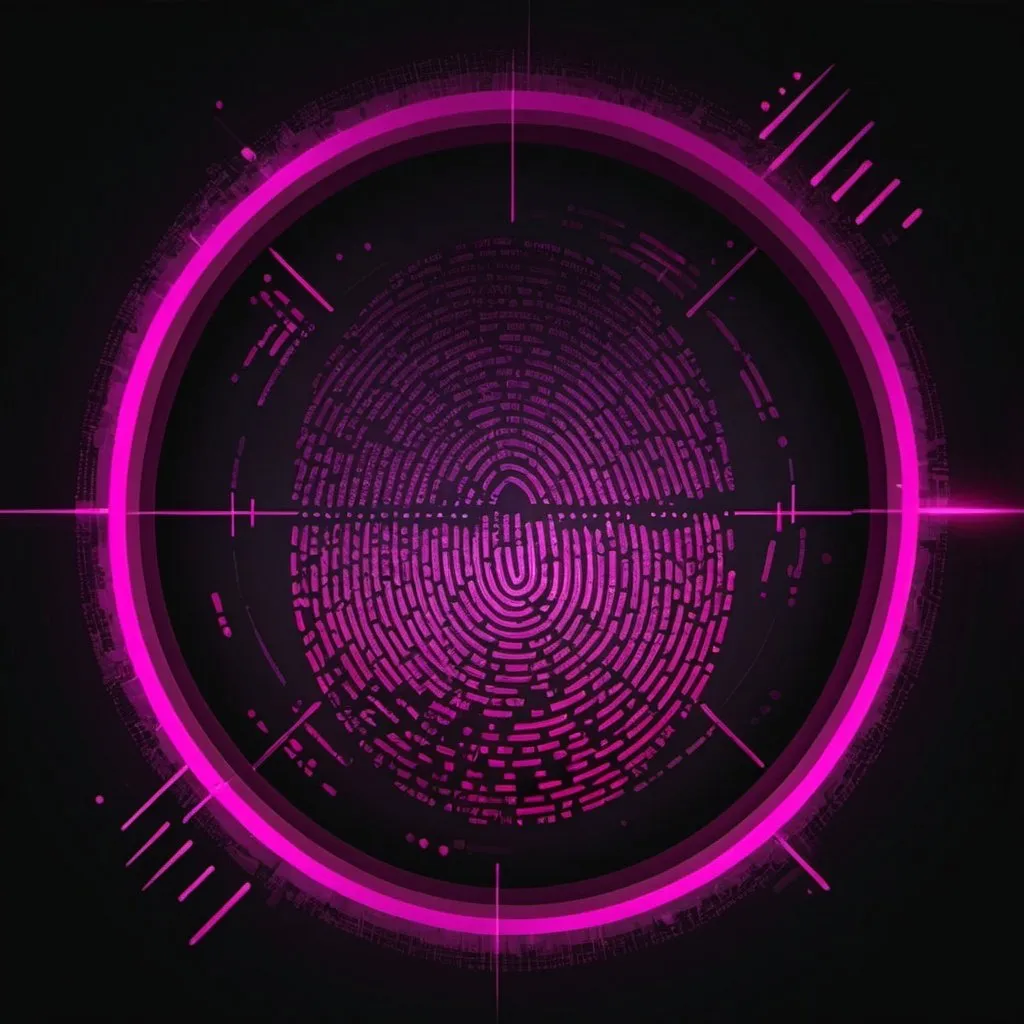 Prompt: cyber security dark background with magenta colored digital forensic fingerprint inside of crosshair