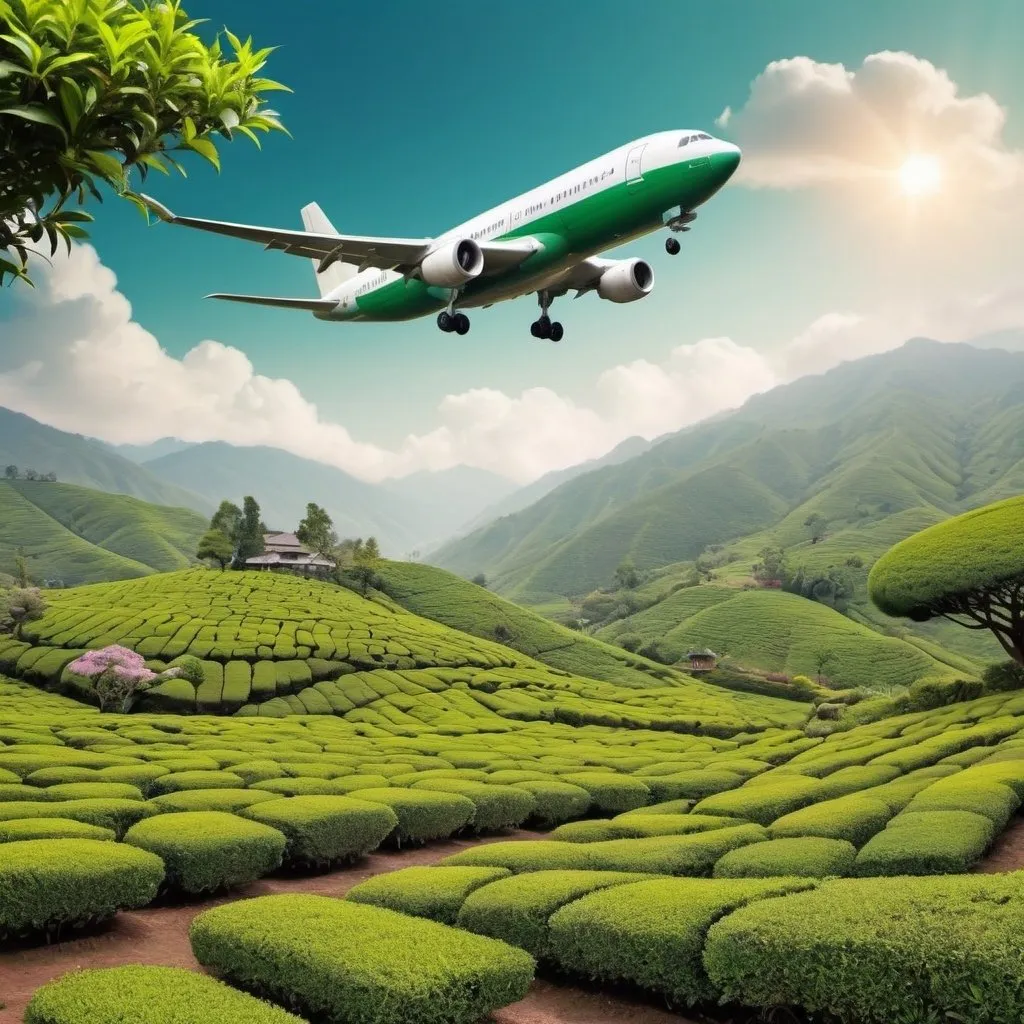 Prompt: create an image of tea garden and an airplane is moving in the sky
