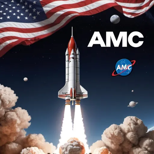 Prompt: rocket with the name AMC on it launching into space with a spacy american flag backround