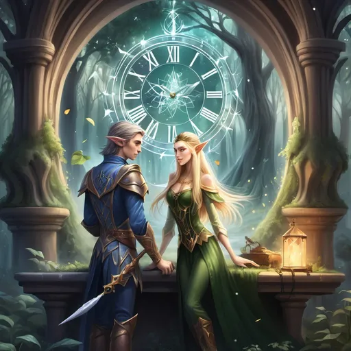 Prompt: Here is the image representing the magical world where humans and elves coexist, featuring Lia saving Prince Valir, with elements of time and magic surrounding them. Let me know if you'd like any modifications or additional details!