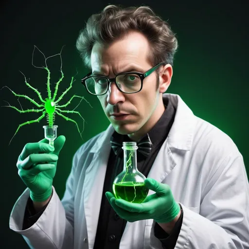 Prompt: make me a mad scientist character with ampoules in his hand, glasses who is creating a green spiderman venom