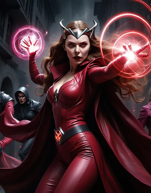 Prompt: The Scarlet Witch are fighting Chthon, the Darkhold and the Dark Dimension. Show Chthon and the Darkhold as the villains, also the Scarlet Witch