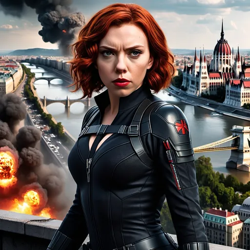 Prompt: I want you to create a realistic poster for the fictional film "Black Widow: Budapest". You must include a view of Budapest with some explotions in the background. Also include the following characters (you must search images of their characters to know what they look like): Scarlett Johansson as Natasha Romanoff, Florence Pugh as Yelena Belova, David Harbour as The Red Guardian, Rachel Weisz as Melina Vostokoff, OT Fagbenle as Rick Mason, Ray Winston as General Dreykov, Vera Farmiga as Eleanor Bishop, Linda Cardellini as Mockingbird, Samuel L. Jackson as Nick Fury, William Hurt as General Thadeus Ross, Liv Tyler as Betty Ross, Cobie Smulders as Maria Hill, Julia Louis Dreyfus as Valentina Allegra de Fontaine, Emilia Clarke as Abigail Brand, Olivia Colman as Sonya Falsworth, Clark Gregg as Phil Coulson, Robert Redford as Alexander Pierce, Emily Vancamp as Sharon Carter, Sebastian Stan as The Winter Soldier, and Jeremy Renner as Hawkeye. You must include Black Widow's and Marvel Studios' logo.