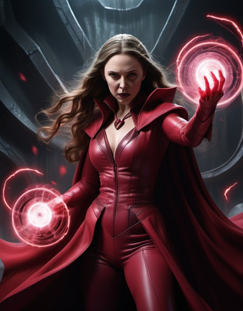 Prompt: The Scarlet Witch are fighting Chthon, the Darkhold and the Dark Dimension. Show Chthon and the Darkhold as the villains, also the Scarlet Witch