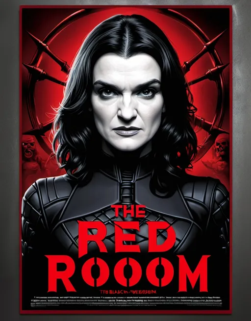 Prompt: I want you to create a realistic poster for a fictional series on the Red Room and the black widows titled "The Red Room" starring Rachel Weisz as Melina Vostokoff/Iron Maiden, the Black Widows and Melina kill people, commit criminal and terrorist attacks, etc. All that must be shown in the poster. You must include a similar logo to the Black Widow one. Use everything I'm especifying here and please, make vertical posters. Include the AI moving the strings in the background.