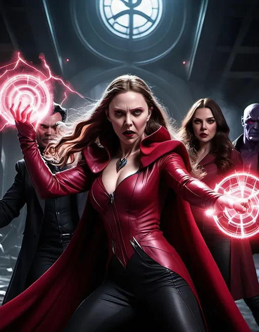 Prompt: The Scarlet Witch are fighting Chthon, the Darkhold and the Dark Dimension. Show Chthon and the Darkhold as the villains, also the Scarlet Witch