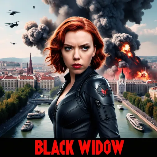 Prompt: I want you to create a realistic poster for the fictional film "Black Widow: Budapest". You must include a view of Budapest with some explotions in the background. Also include the following characters (you must search images of their characters to know what they look like): Scarlett Johansson as Natasha Romanoff, Florence Pugh as Yelena Belova, David Harbour as The Red Guardian, Rachel Weisz as Melina Vostokoff, OT Fagbenle as Rick Mason, Ray Winston as General Dreykov, Vera Farmiga as Eleanor Bishop, Linda Cardellini as Mockingbird, Samuel L. Jackson as Nick Fury, William Hurt as General Thadeus Ross, Liv Tyler as Betty Ross, Cobie Smulders as Maria Hill, Julia Louis Dreyfus as Valentina Allegra de Fontaine, Emilia Clarke as Abigail Brand, Olivia Colman as Sonya Falsworth, Clark Gregg as Phil Coulson, Robert Redford as Alexander Pierce, Emily Vancamp as Sharon Carter, Sebastian Stan as The Winter Soldier, and Jeremy Renner as Hawkeye. You must include Black Widow's and Marvel Studios' logo.