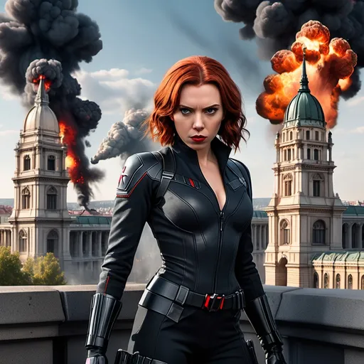 Prompt: I want you to create a realistic poster for the fictional film "Black Widow: Budapest". You must include a view of Budapest with some explotions in the background. Also include the following characters (you must search images of their characters to know what they look like): Scarlett Johansson as Natasha Romanoff, Florence Pugh as Yelena Belova, David Harbour as The Red Guardian, Rachel Weisz as Melina Vostokoff, OT Fagbenle as Rick Mason, Ray Winston as General Dreykov, Vera Farmiga as Eleanor Bishop, Linda Cardellini as Mockingbird, Samuel L. Jackson as Nick Fury, William Hurt as General Thadeus Ross, Liv Tyler as Betty Ross, Cobie Smulders as Maria Hill, Julia Louis Dreyfus as Valentina Allegra de Fontaine, Emilia Clarke as Abigail Brand, Olivia Colman as Sonya Falsworth, Clark Gregg as Phil Coulson, Robert Redford as Alexander Pierce, Emily Vancamp as Sharon Carter, Sebastian Stan as The Winter Soldier, and Jeremy Renner as Hawkeye. You must include Black Widow's and Marvel Studios' logo. Use everything I'm especifying here and please, make vertical posters.