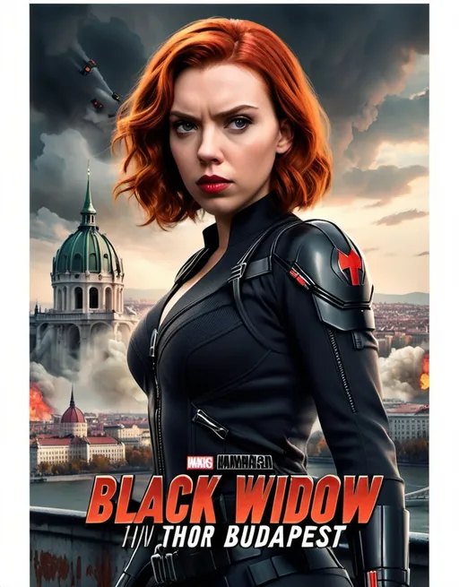 Prompt: I want you to create a realistic poster for the fictional film "Black Widow: Budapest". You must include a view of Budapest with some explotions in the background. Also include the following characters (you must search images of their characters to know what they look like): Scarlett Johansson as Natasha Romanoff, Florence Pugh as Yelena Belova, David Harbour as The Red Guardian, Rachel Weisz as Melina Vostokoff, OT Fagbenle as Rick Mason, Ray Winston as General Dreykov, Vera Farmiga as Eleanor Bishop, Linda Cardellini as Mockingbird, Samuel L. Jackson as Nick Fury, William Hurt as General Thadeus Ross, Liv Tyler as Betty Ross, Cobie Smulders as Maria Hill, Julia Louis Dreyfus as Valentina Allegra de Fontaine, Emilia Clarke as Abigail Brand, Olivia Colman as Sonya Falsworth, Clark Gregg as Phil Coulson, Robert Redford as Alexander Pierce, Emily Vancamp as Sharon Carter, Sebastian Stan as The Winter Soldier, and Jeremy Renner as Hawkeye. You must include Black Widow's and Marvel Studios' logo. Use everything I'm especifying here and please, make vertical posters.