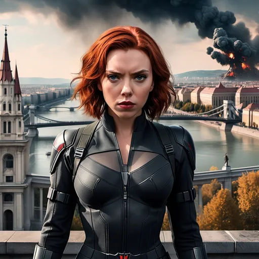 Prompt: I want you to create a realistic poster for the fictional film "Black Widow: Budapest". You must include a view of Budapest with some explotions in the background. Also include the following characters (you must search images of their characters to know what they look like): Scarlett Johansson as Natasha Romanoff, Florence Pugh as Yelena Belova, David Harbour as The Red Guardian, Rachel Weisz as Melina Vostokoff, OT Fagbenle as Rick Mason, Ray Winston as General Dreykov, Vera Farmiga as Eleanor Bishop, Linda Cardellini as Mockingbird, Samuel L. Jackson as Nick Fury, William Hurt as General Thadeus Ross, Liv Tyler as Betty Ross, Cobie Smulders as Maria Hill, Julia Louis Dreyfus as Valentina Allegra de Fontaine, Emilia Clarke as Abigail Brand, Olivia Colman as Sonya Falsworth, Clark Gregg as Phil Coulson, Robert Redford as Alexander Pierce, Emily Vancamp as Sharon Carter, Sebastian Stan as The Winter Soldier, and Jeremy Renner as Hawkeye. You must include Black Widow's and Marvel Studios' logo.