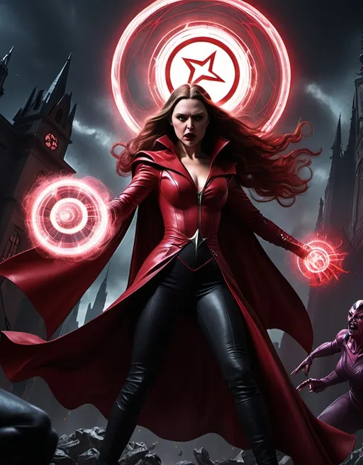 Prompt: The Scarlet Witch are fighting Chthon, the Darkhold and the Dark Dimension. Show Chthon and the Darkhold as the villains, also the Scarlet Witch