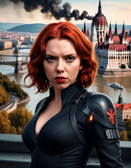 Prompt: I want you to create a realistic poster for the fictional film "Black Widow: Budapest". You must include a view of Budapest with some explotions in the background. Also include the following characters (you must search images of their characters to know what they look like): Scarlett Johansson as Natasha Romanoff, Florence Pugh as Yelena Belova, David Harbour as The Red Guardian, Rachel Weisz as Melina Vostokoff, OT Fagbenle as Rick Mason, Ray Winston as General Dreykov, Vera Farmiga as Eleanor Bishop, Linda Cardellini as Mockingbird, Samuel L. Jackson as Nick Fury, William Hurt as General Thadeus Ross, Liv Tyler as Betty Ross, Cobie Smulders as Maria Hill, Julia Louis Dreyfus as Valentina Allegra de Fontaine, Emilia Clarke as Abigail Brand, Olivia Colman as Sonya Falsworth, Clark Gregg as Phil Coulson, Robert Redford as Alexander Pierce, Emily Vancamp as Sharon Carter, Sebastian Stan as The Winter Soldier, and Jeremy Renner as Hawkeye. You must include Black Widow's and Marvel Studios' logo. Use everything I'm especifying here and please, make vertical posters.