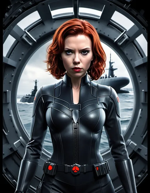 Prompt: I want you to create a realistic poster for a fictional film in which Black Widow has to fight the AI that has infiltrated many nation's systems and is causing wars. The AI is infiltrating submarines, CCTV cameras, satelites, arms, etc. You must include Black Widow's logo. Use everything I'm especifying here and please, make vertical posters. Include the AI moving the strings in the background.