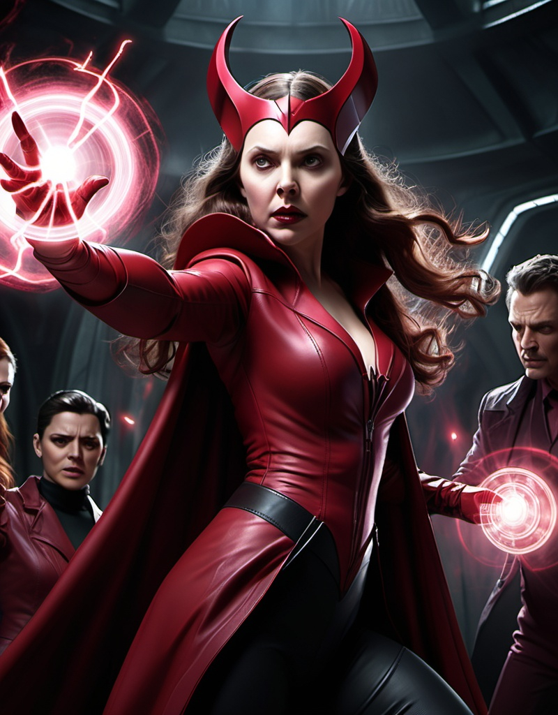 Prompt: The Scarlet Witch are fighting Chthon, the Darkhold and the Dark Dimension. Show Chthon and the Darkhold as the villains, also the Scarlet Witch