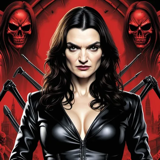 Prompt: I want you to create a realistic poster for a fictional series on the Red Room and the black widows titled "The Red Room" starring Rachel Weisz as Melina Vostokoff/Iron Maiden, the Black Widows and Melina kill people, commit criminal and terrorist attacks, etc. All that must be shown in the poster. You must include a similar logo to the Black Widow one. Use everything I'm especifying here and please, make vertical posters. Include the AI moving the strings in the background.