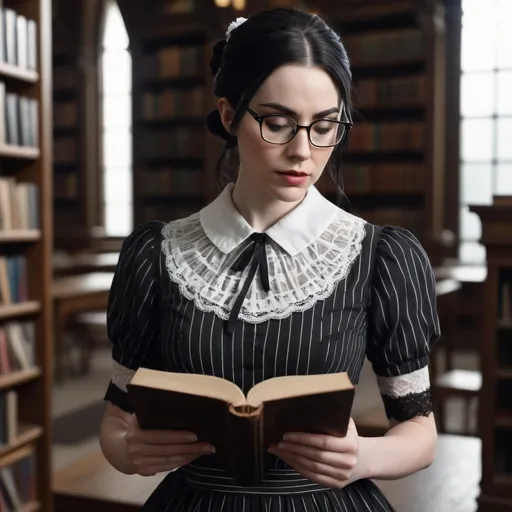 Prompt: medium shot of library, vaulted ceilings, librarian holding a book open and reading, she has pale white skin, long jet black hair pulled into bun and pinned, wearing reading glasses, her dress is black and white striped with lace adornment and v neck collar, well endowed, has a look of distrust on her face, photo realism, 4k